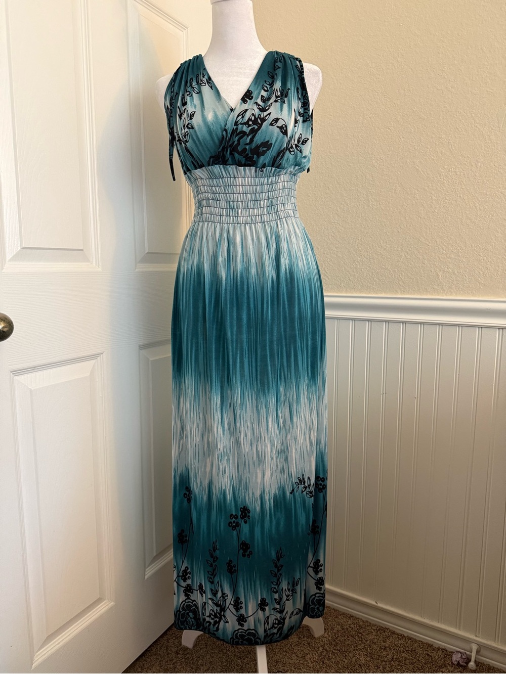 Teal Ombre Maxi Dress with Floral Detail